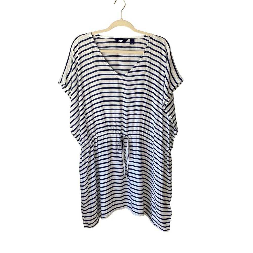 Lands End Womens Navy White Striped V-Neck Swim Cover‎ Up Dress Size L 14-16